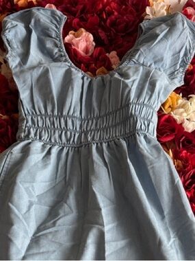 bloom Light Blue Midi Dress with Smocked Waist